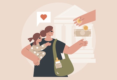 A vector graphic showing a mother receiving money.