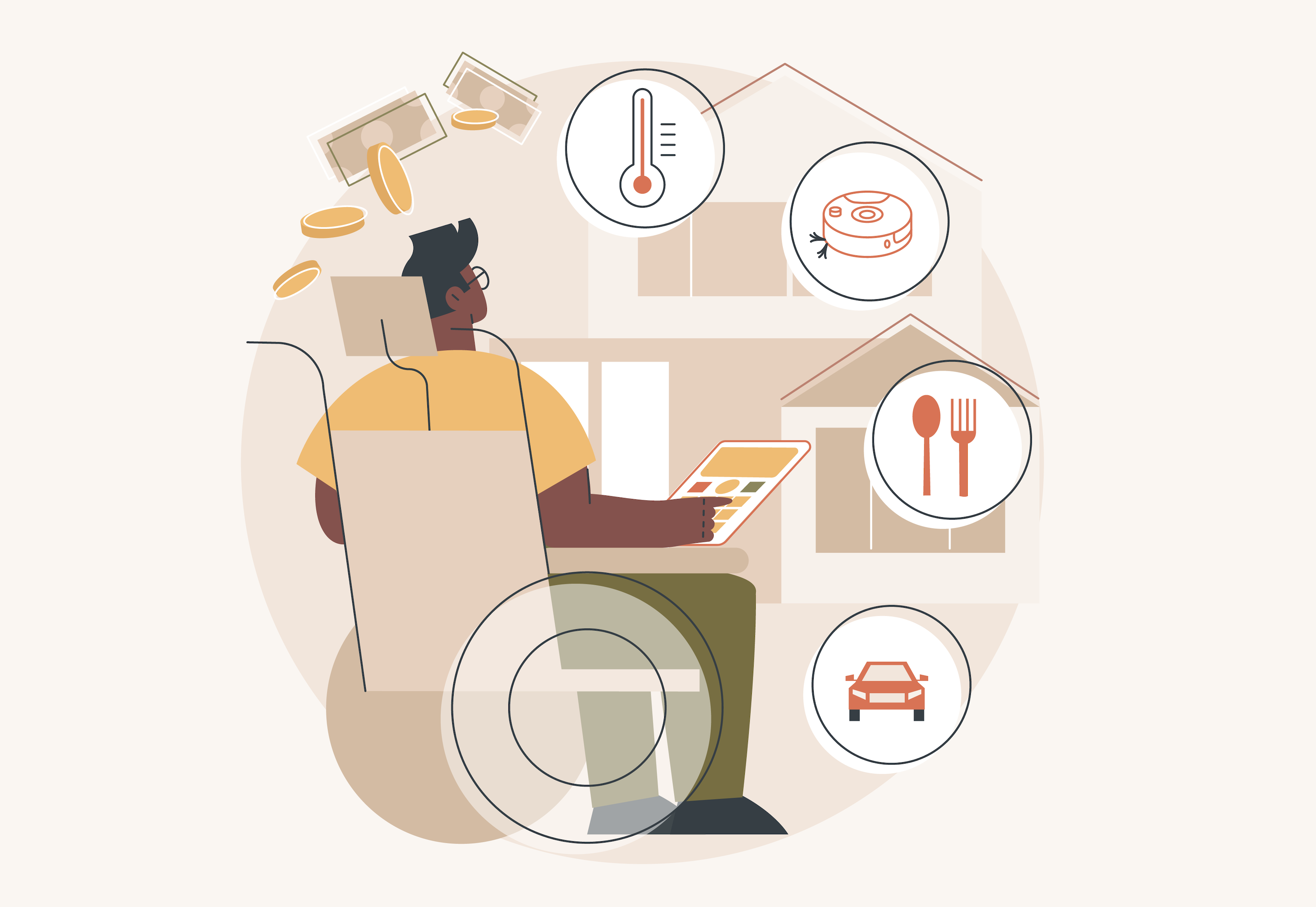 A vector graphic showing various icons and money symbols, representing the additional cost of every-day accessible services and products.