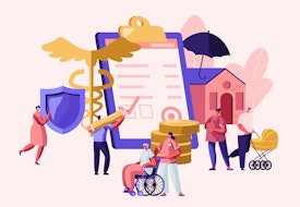 A vector image showing various elements of the care economy including people filling out health insurance forms, a home care professional with a person in a wheelchair, and a final couple with a baby stroller.