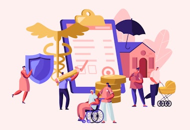 A vector image showing various elements of the care economy including people filling out health insurance forms, a home care professional with a person in a wheelchair, and a final couple with a baby stroller.