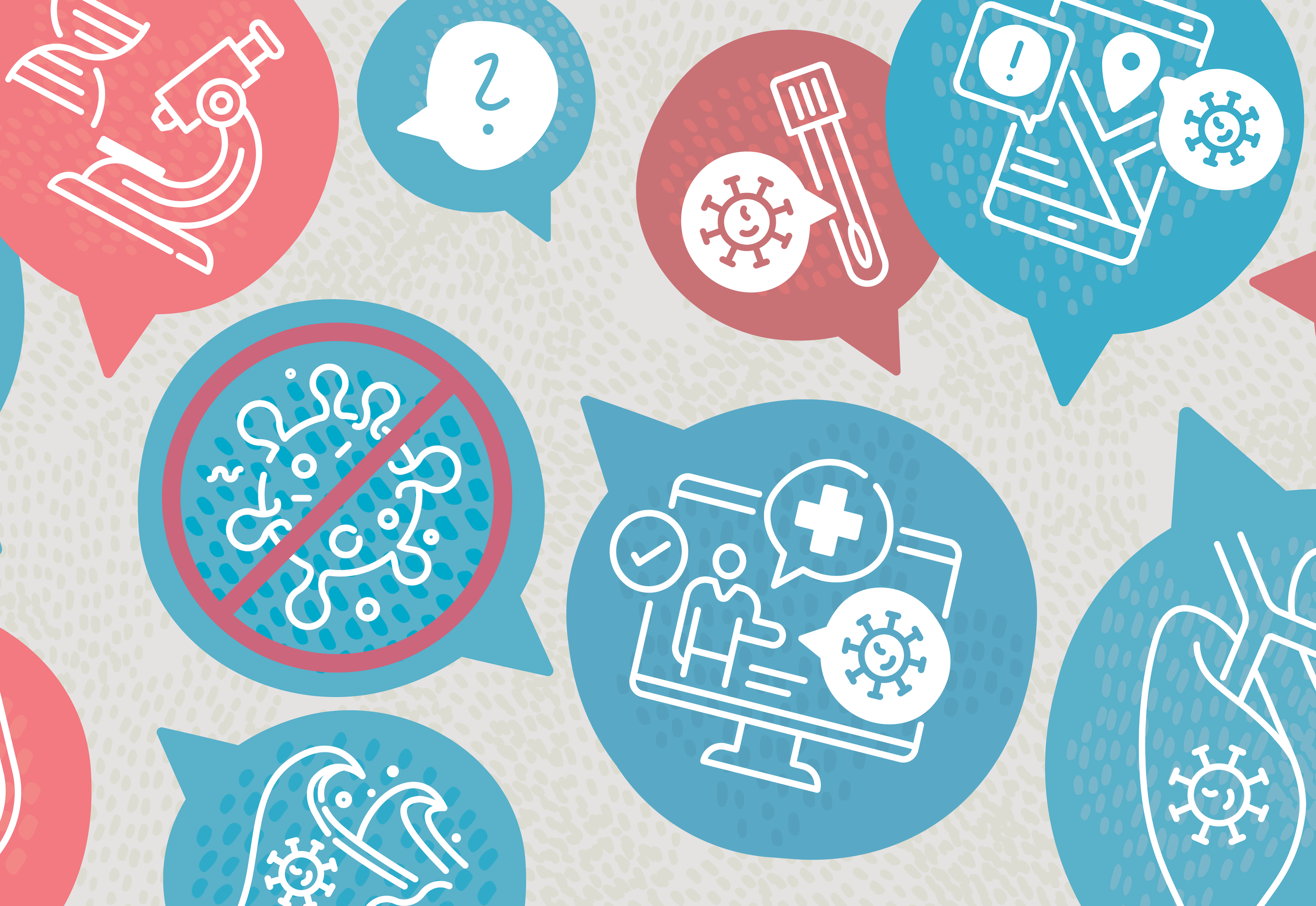 Vector background with speech bubbles and icons related with coronavirus.