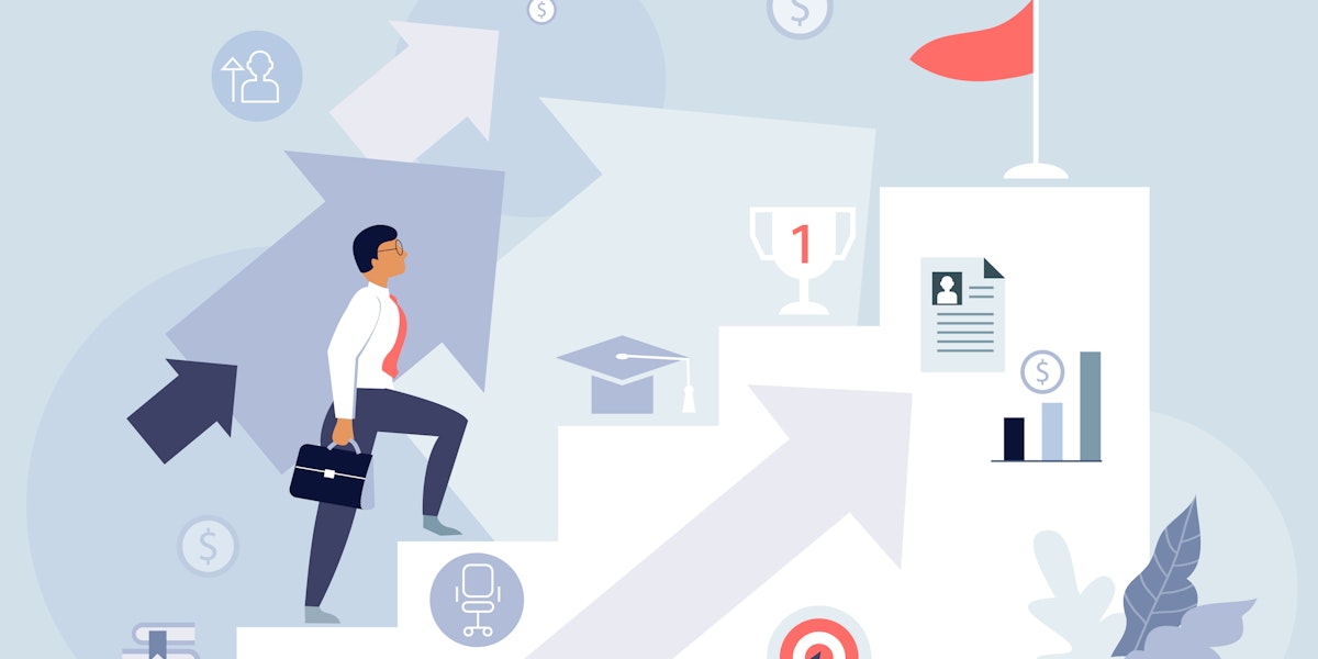 A vector illustration of someone moving up a set of white steps, representing a transition from education to employment.