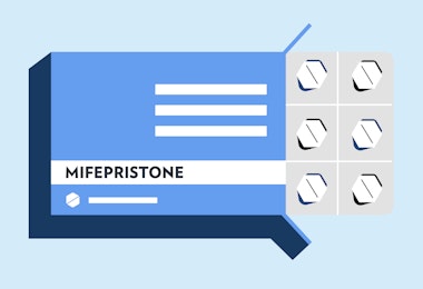 A vector graphic of a box of mifepristone pills.