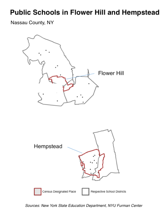 A map showing two outlines, each representing a village in Nassau County, NY 