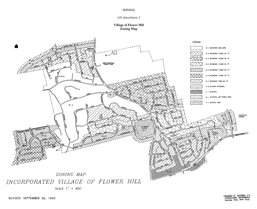 A black and white zoning map of Flower Hill village.