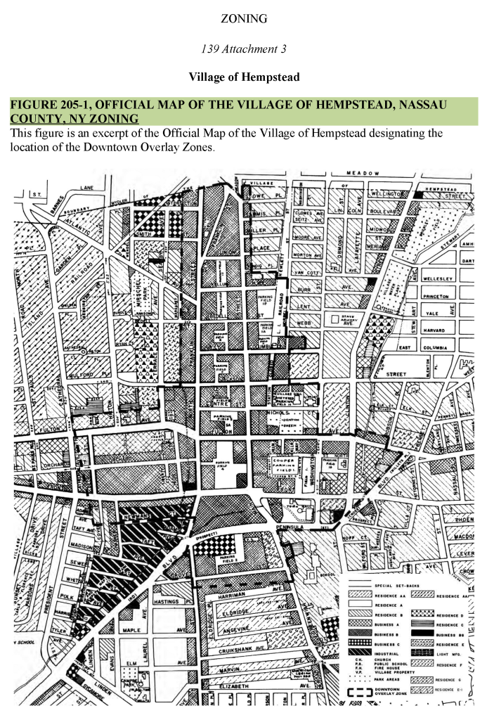 An original, black and white zoning map of Hempstead, NY.