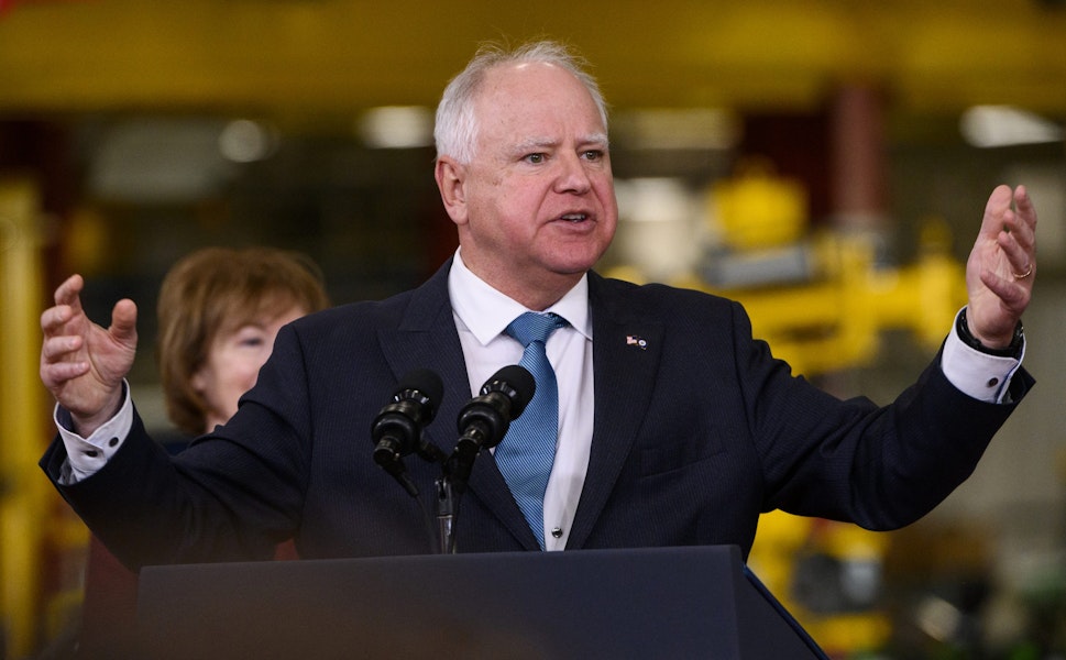 FRIDLEY, MN - APRIL 03: Minnesota Governor Tim Walz speaks during a visit by U.S. President Joe Biden to the Cummins Power Generation facility on April 3, 2023 in Fridley, Minnesota. The visit is a continuation of the administration's Investing in America tour. (Photo by Stephen Maturen/Getty Images)