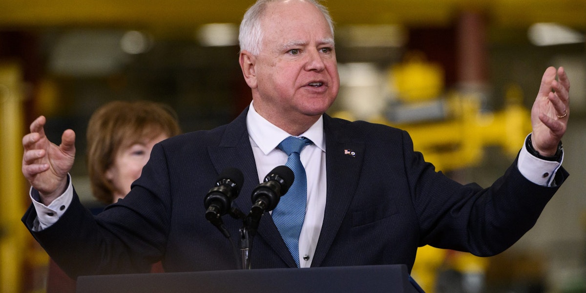 FRIDLEY, MN - APRIL 03: Minnesota Governor Tim Walz speaks during a visit by U.S. President Joe Biden to the Cummins Power Generation facility on April 3, 2023 in Fridley, Minnesota. The visit is a continuation of the administration's Investing in America tour. (Photo by Stephen Maturen/Getty Images)