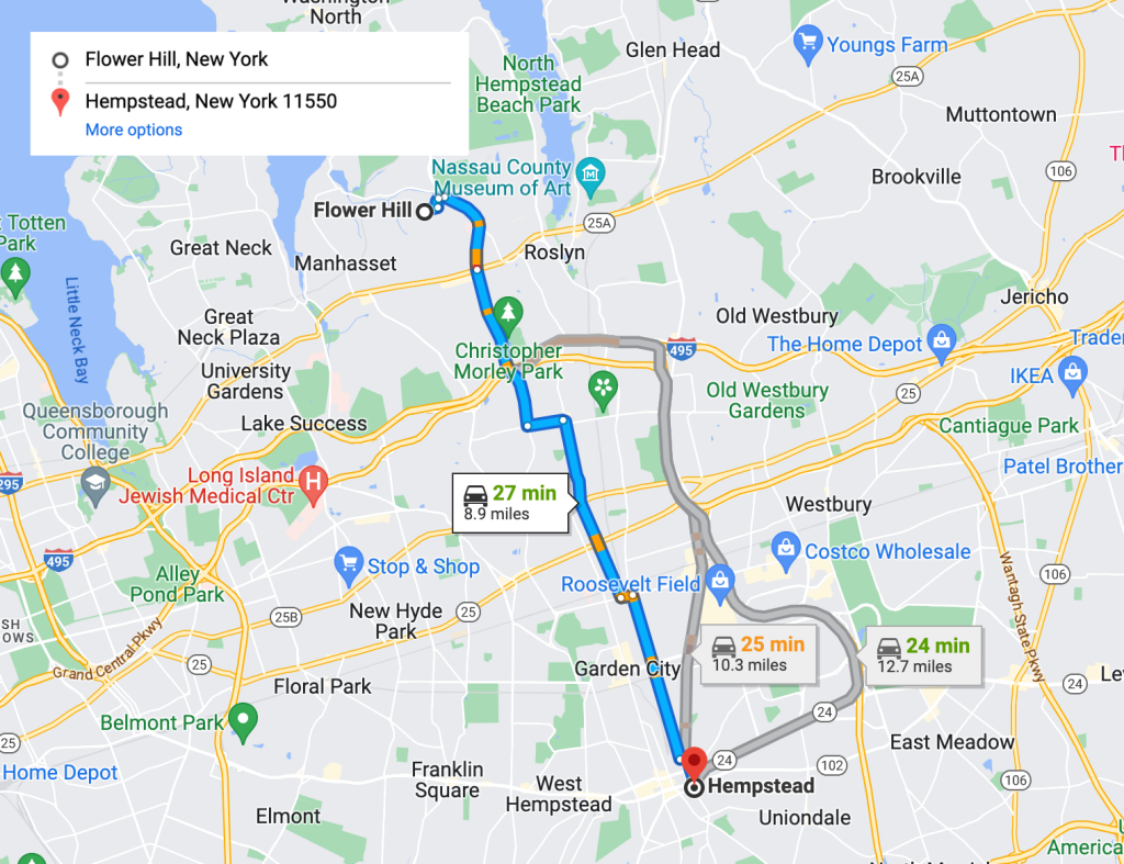 A Google Maps image showing the route between Flower Hill and Hempstead, NY.