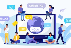An illustration of people using technology to communicate in various languages.