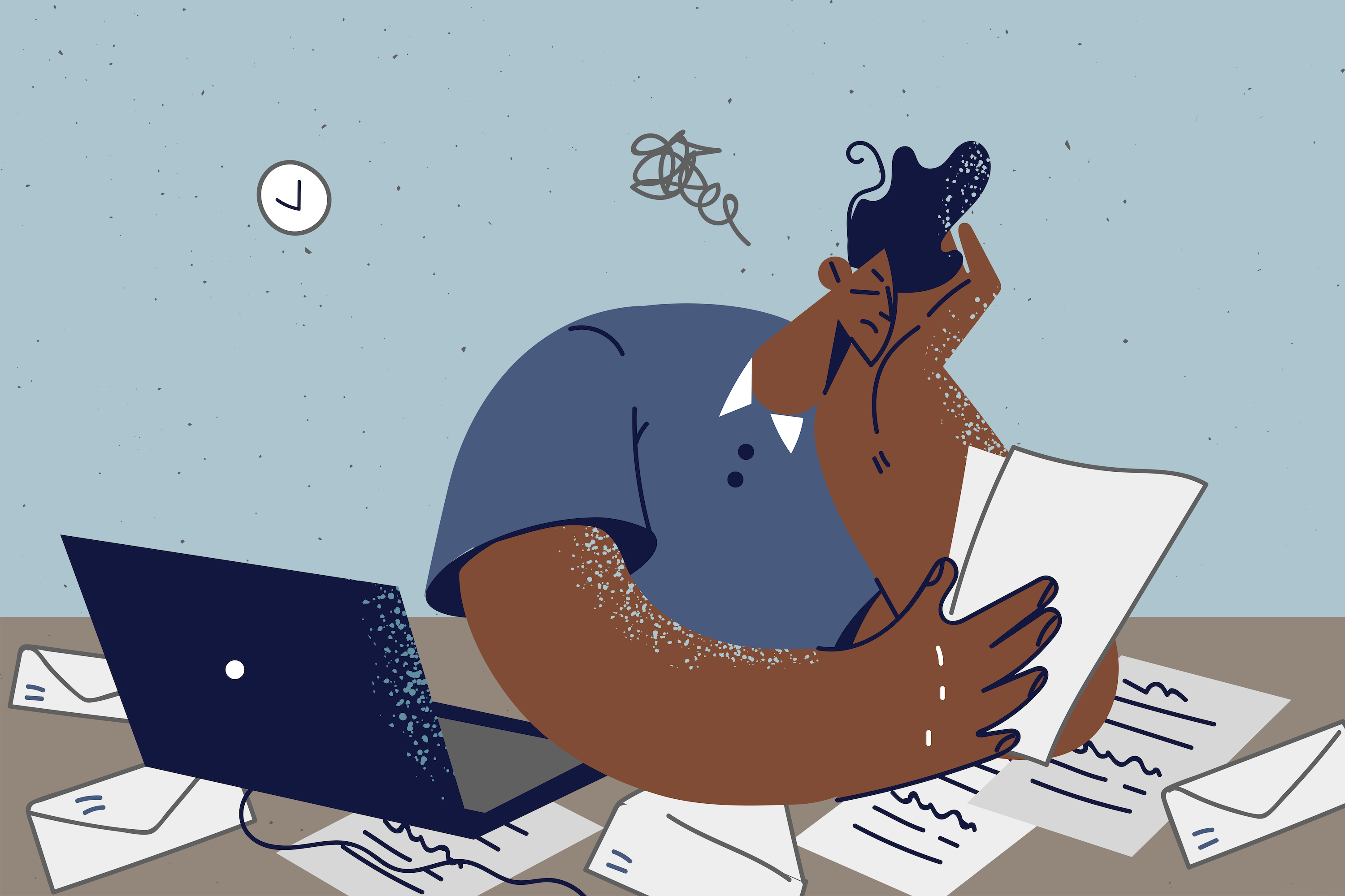 A person surrounded by paperwork and overwhelmed by an application process.