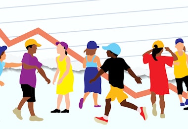 A line of children against a backdrop of ripped paper and a red declining graph line.