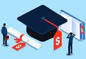A vector graphic showing various educational icons–including a graduation cap and books–with red price tags on them.