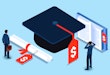 A vector graphic showing various educational icons–including a graduation cap and books–with red price tags on them.