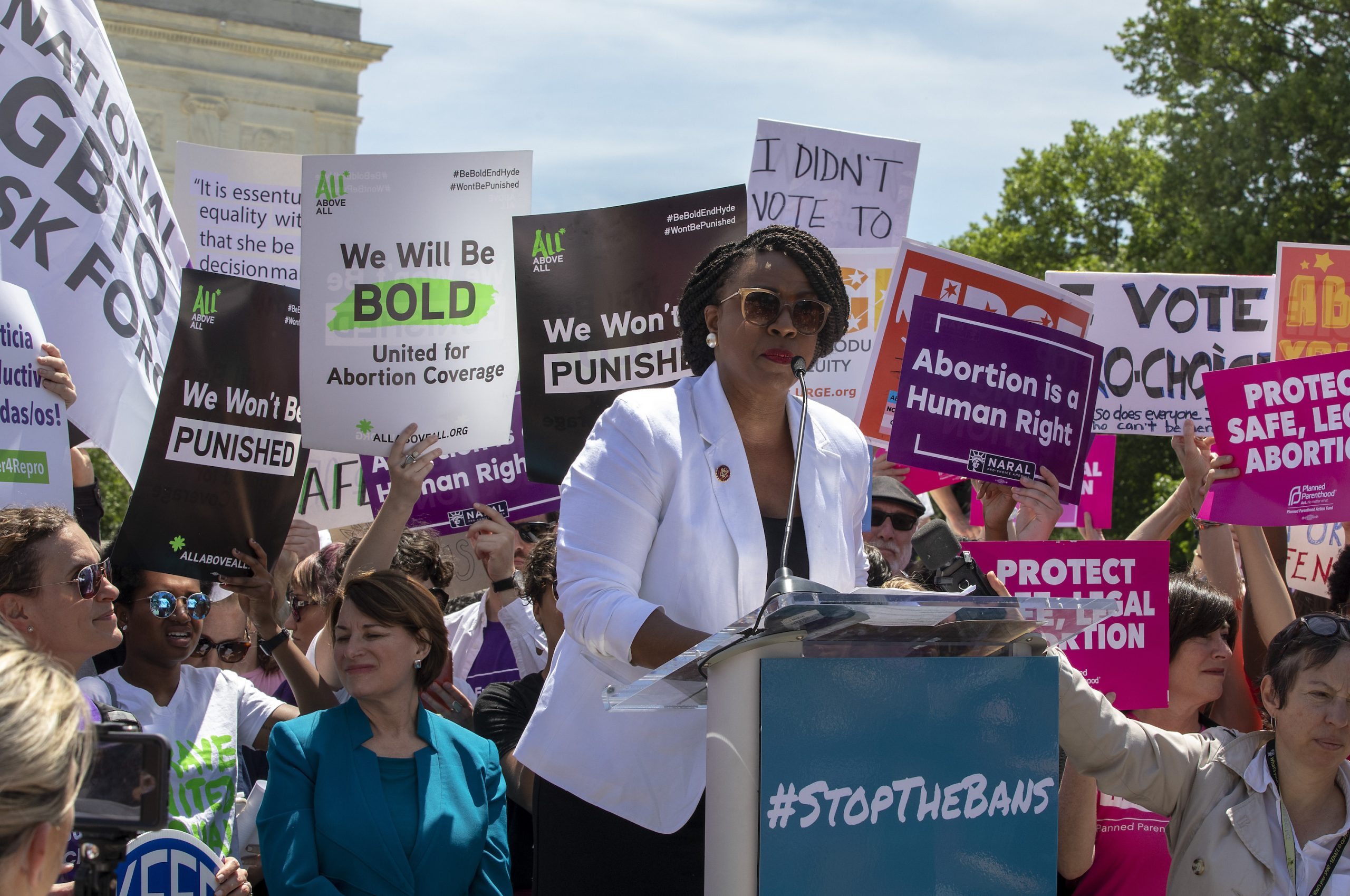 WASHINGTON, DC - MAY 21: Rep. Ayanna Pressley (D-MA) speaks at a pro-choice rally at the Supreme Court on May 21, 2019 in Washington, DC. The Alabama abortion law, signed by Gov. Kay Ivey last week, includes no exceptions for cases of rape and incest, outlawing all abortions except when necessary to prevent serious health problems for the woman. Though women are exempt from criminal and civil liability, the new law punishes doctors for performing an abortion, making the procedure a Class A felony punishable by up to 99 years in prison. (Photo by Tasos Katopodis/Getty Images)