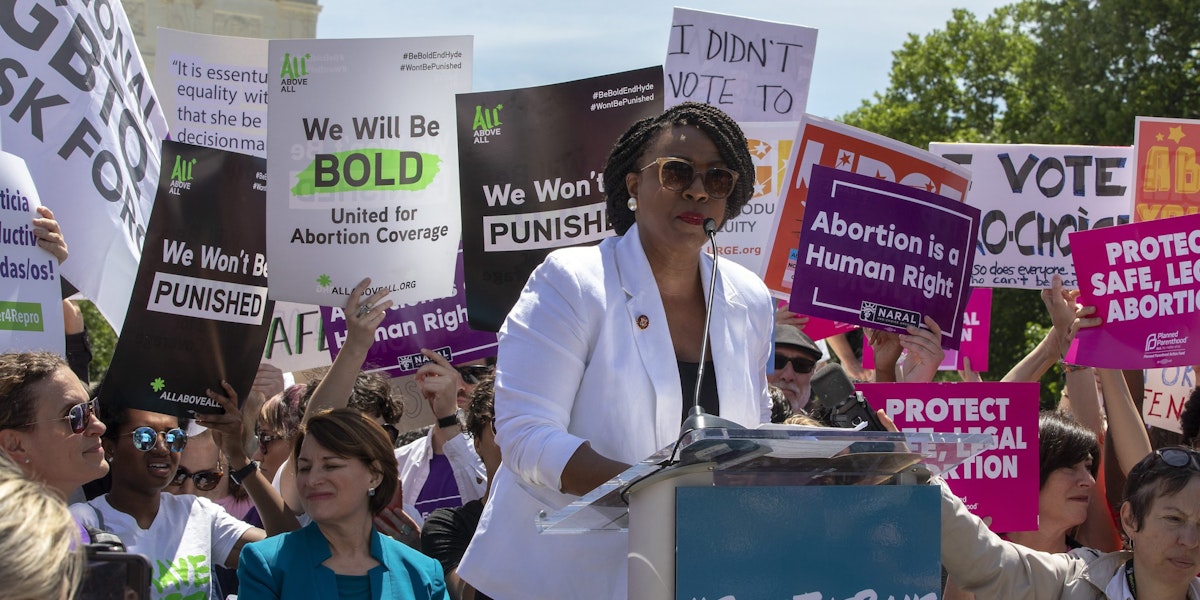 WASHINGTON, DC - MAY 21: Rep. Ayanna Pressley (D-MA) speaks at a pro-choice rally at the Supreme Court on May 21, 2019 in Washington, DC. The Alabama abortion law, signed by Gov. Kay Ivey last week, includes no exceptions for cases of rape and incest, outlawing all abortions except when necessary to prevent serious health problems for the woman. Though women are exempt from criminal and civil liability, the new law punishes doctors for performing an abortion, making the procedure a Class A felony punishable by up to 99 years in prison. (Photo by Tasos Katopodis/Getty Images)