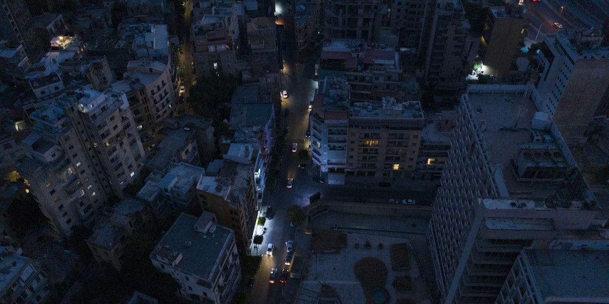 BEIRUT, LEBANON - AUGUST 02: An aerial view at dusk of the Mar Mikhael neighborhood near the port during a power outage on August 2, 2021 in Beirut, Lebanon. Electricite du Liban (EDL) warned against more drastic measures of rationing electricity that could completely interrupt the supply of current, if it fails to finance its operations. EDL issued the warning 
