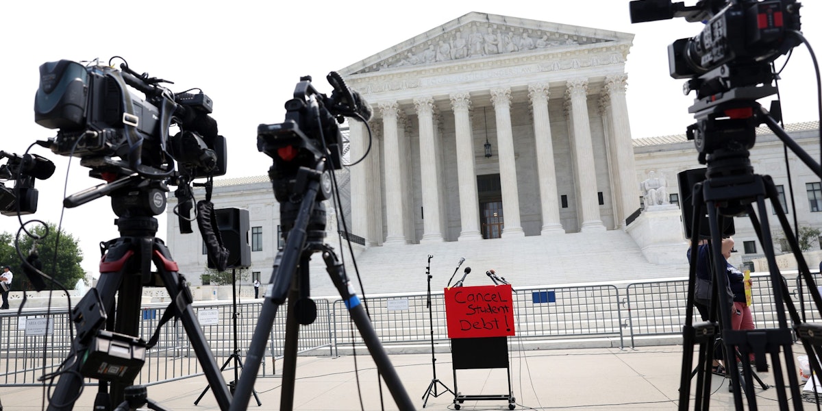 WASHINGTON, DC - JUNE 30: A podium is seen empty outside the U.S. Supreme Court after the court stuck down President Biden's student debt relief program on June 30, 2023 in Washington, DC. In a 6-3 decision the Supreme Court stuck down the Biden administration’s student debt forgiveness program in Biden v. Nebraska. (Photo by Kevin Dietsch/Getty Images)