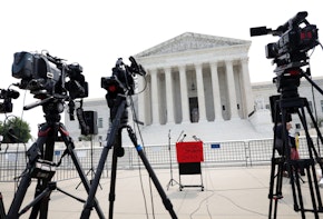 WASHINGTON, DC - JUNE 30: A podium is seen empty outside the U.S. Supreme Court after the court stuck down President Biden's student debt relief program on June 30, 2023 in Washington, DC. In a 6-3 decision the Supreme Court stuck down the Biden administration’s student debt forgiveness program in Biden v. Nebraska. (Photo by Kevin Dietsch/Getty Images)