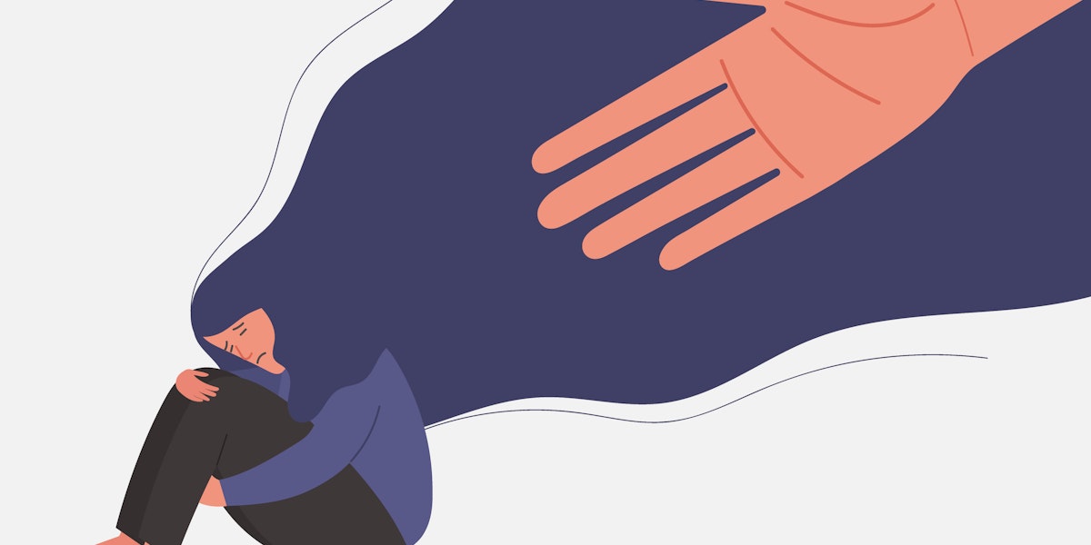 A vector illustration of a large hand reaching to a sad young woman sitting on the ground.