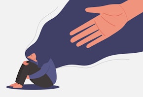 A vector illustration of a large hand reaching to a sad young woman sitting on the ground.