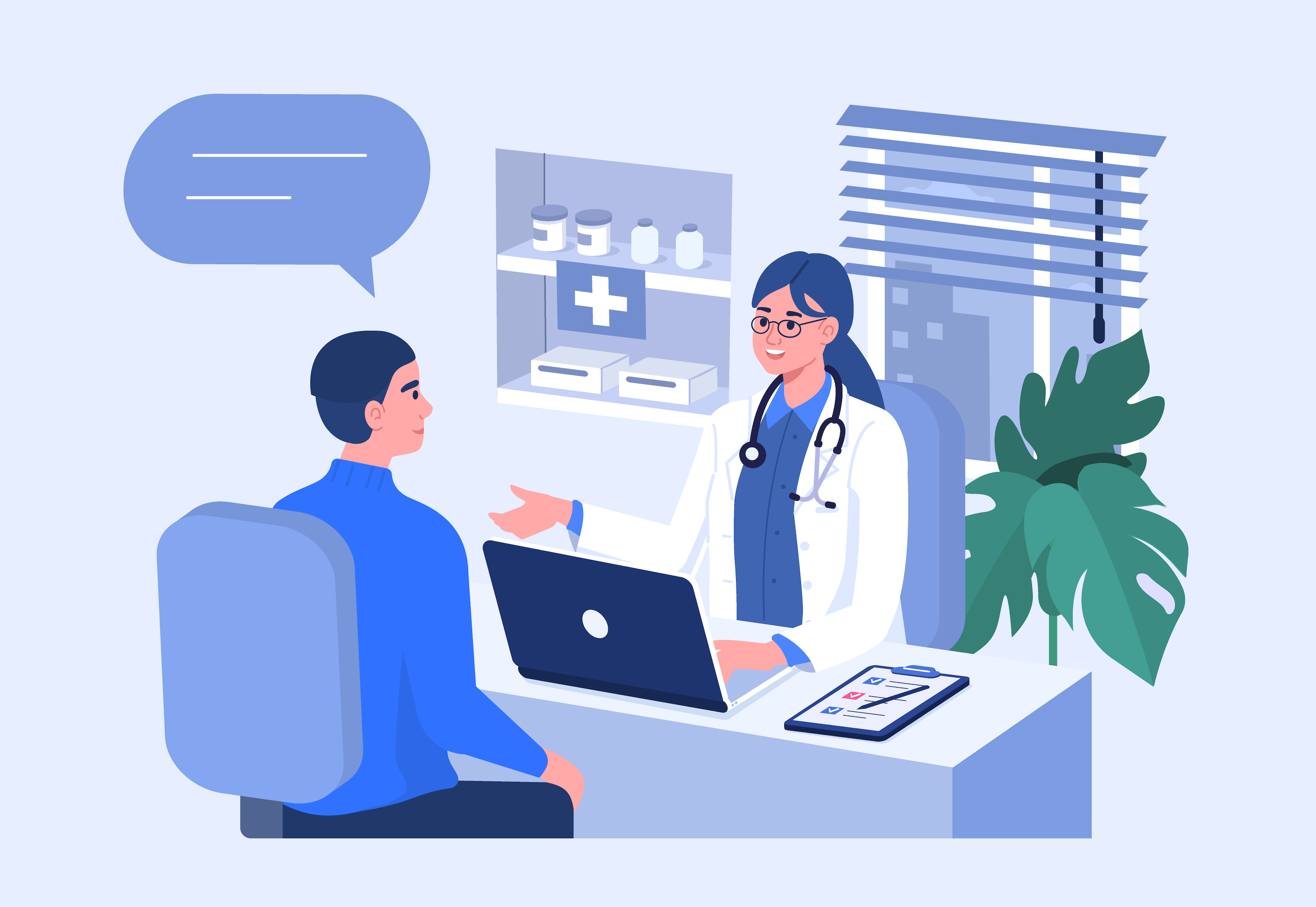 A patient sitting down and giving feedback to a medical provider.