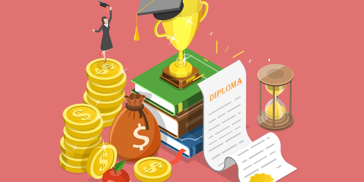 A collection of items grouped together including a diploma, a graduation cap, and golden coins.