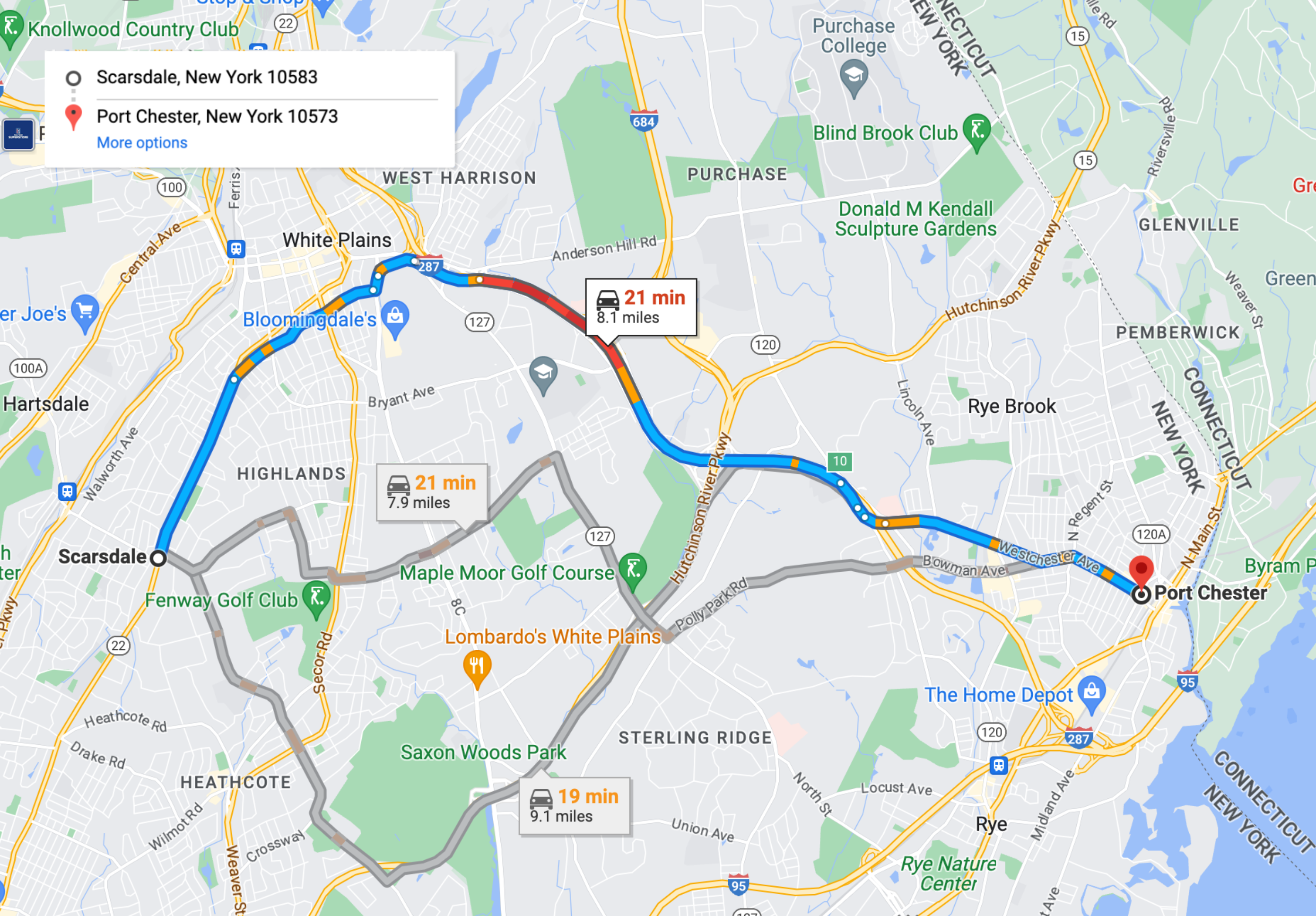 A Google Maps screenshot that shows the quickest route between Scarsdale and Port Chester.