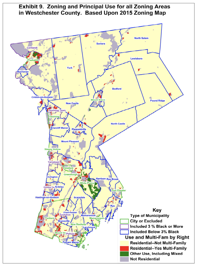 A yellow zoning map of Westchester County against a white background.