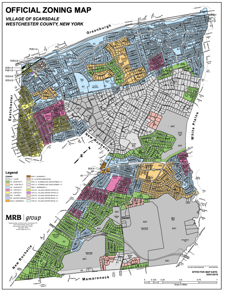 A multicolored zoning map of Scarsdale against a white background.