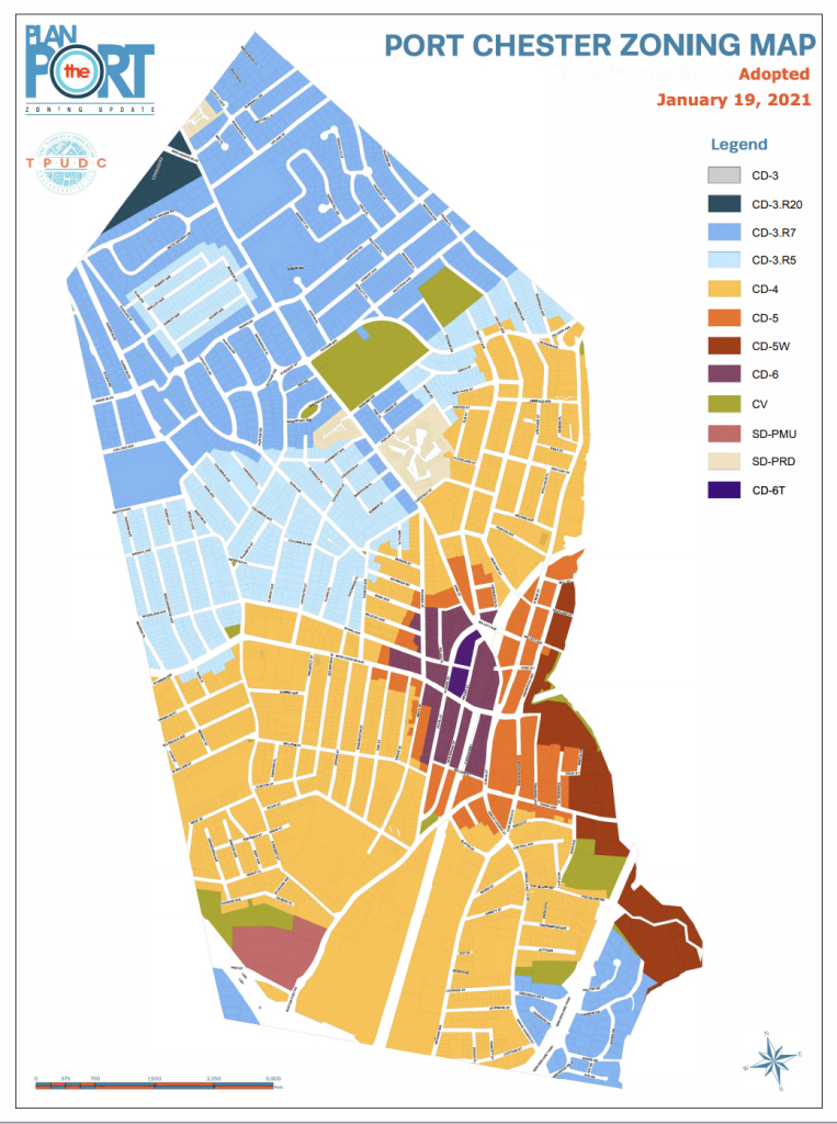 A multicolored zoning map of Port Chester against a white background.