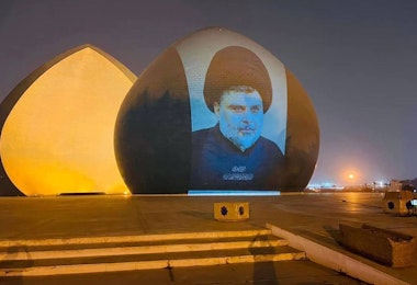 An image of Muqtada al-Sadr projected on the Martyr's Monument in Baghdad, in a photo published on a Sadrist channel on Telegram on May 20, 2022.