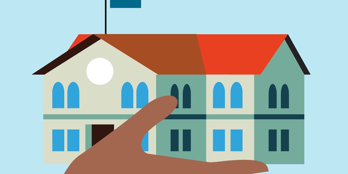 An illustration of a hand holding up a school building.