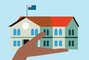 An illustration of a hand holding up a school building.