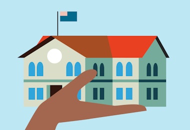 An illustration of a hand holding up a school building.