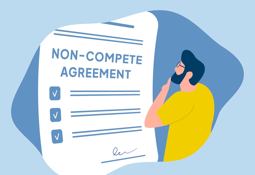 Graphic of a male worker staring at a non-compete agreement.