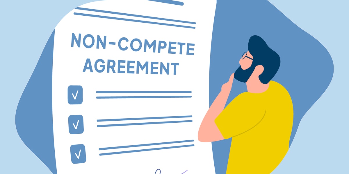 Graphic of a male worker staring at a non-compete agreement.