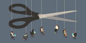 A giant pair of scissors is hovering over a series of threads, each connected to a person working on their laptops, signifying a mass layoff.