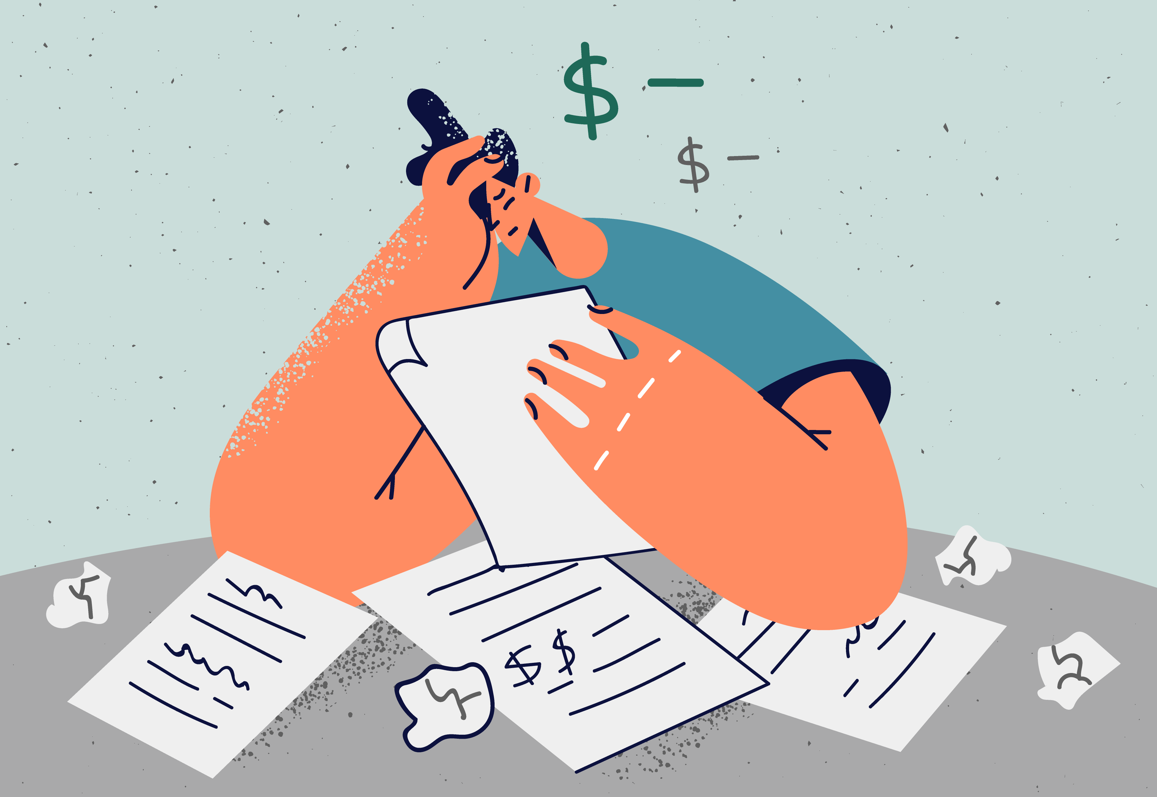 A person sitting at a table, clearly distressed by a pile of bills.