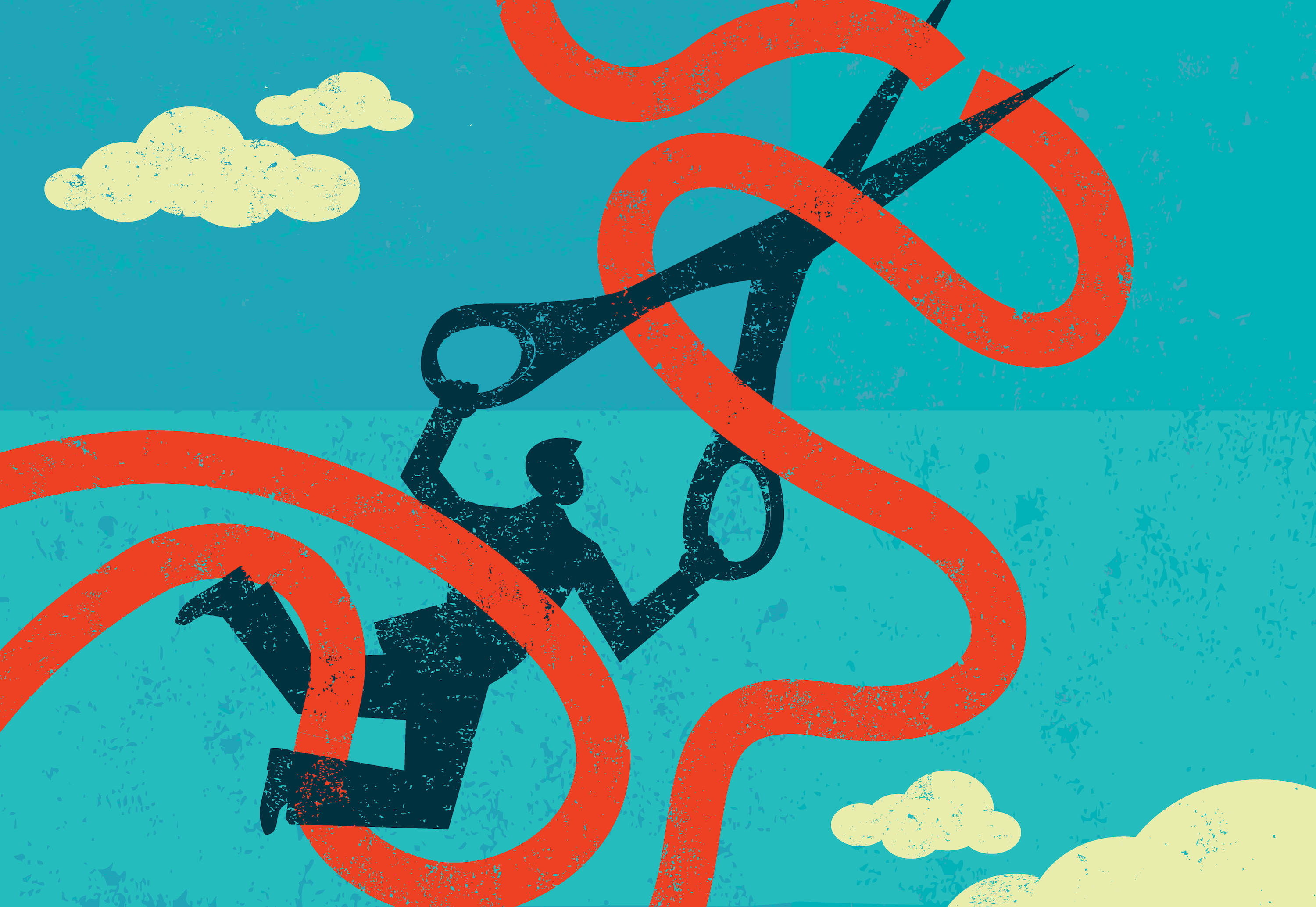 A person tied up in red tape cutting through it.