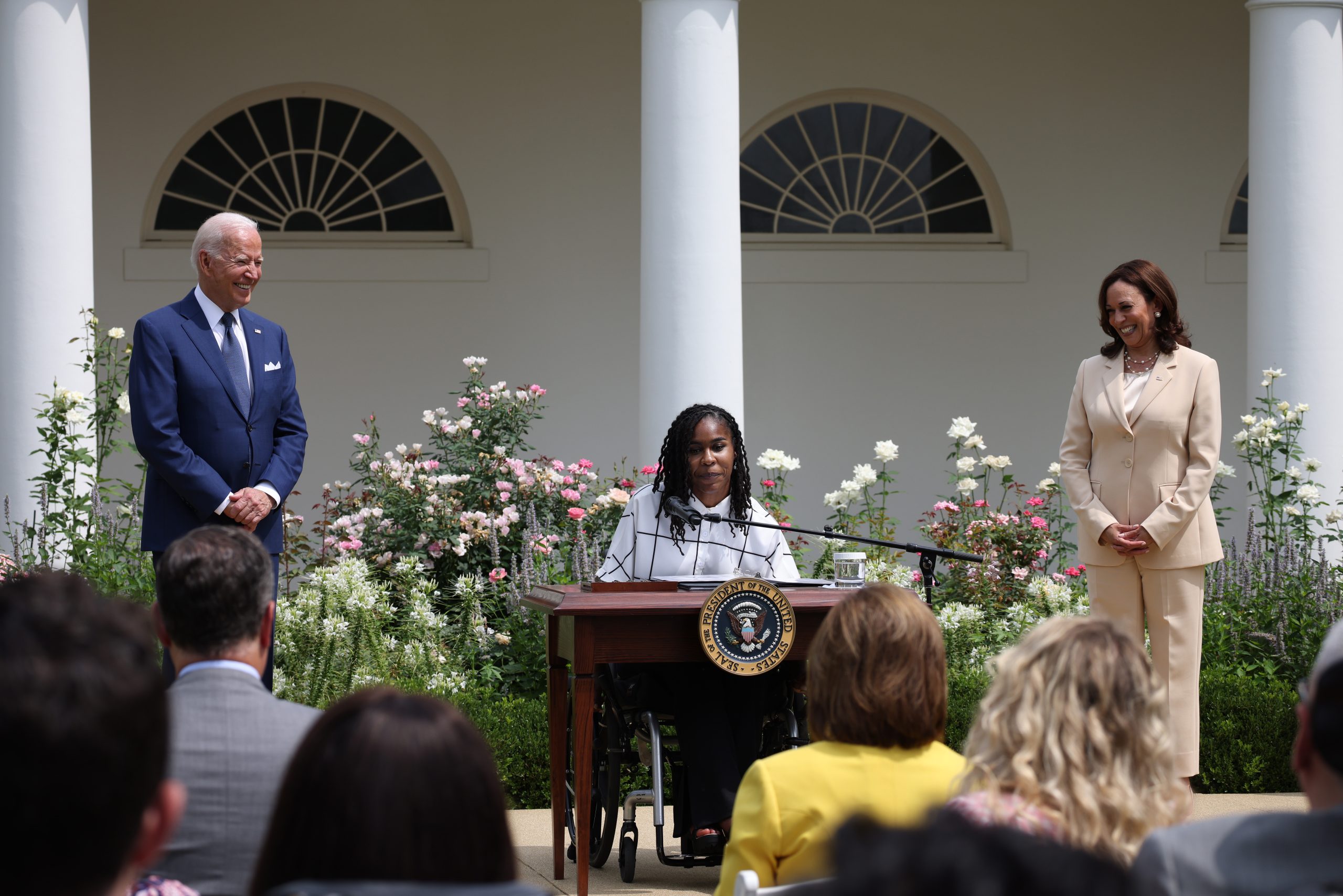 WASHINGTON, DC - JULY 26: Artist Tyree Brown speaks in the Rose Garden of the White House as U.S. Vice President Kamala Harris and U.S. President Joe Biden look on, on July 26, 2021 in Washington, DC. The event was to mark the 31st anniversary of the Americans with Disabilities Act (ADA) being signed into law. (Photo by Anna Moneymaker/Getty Images)