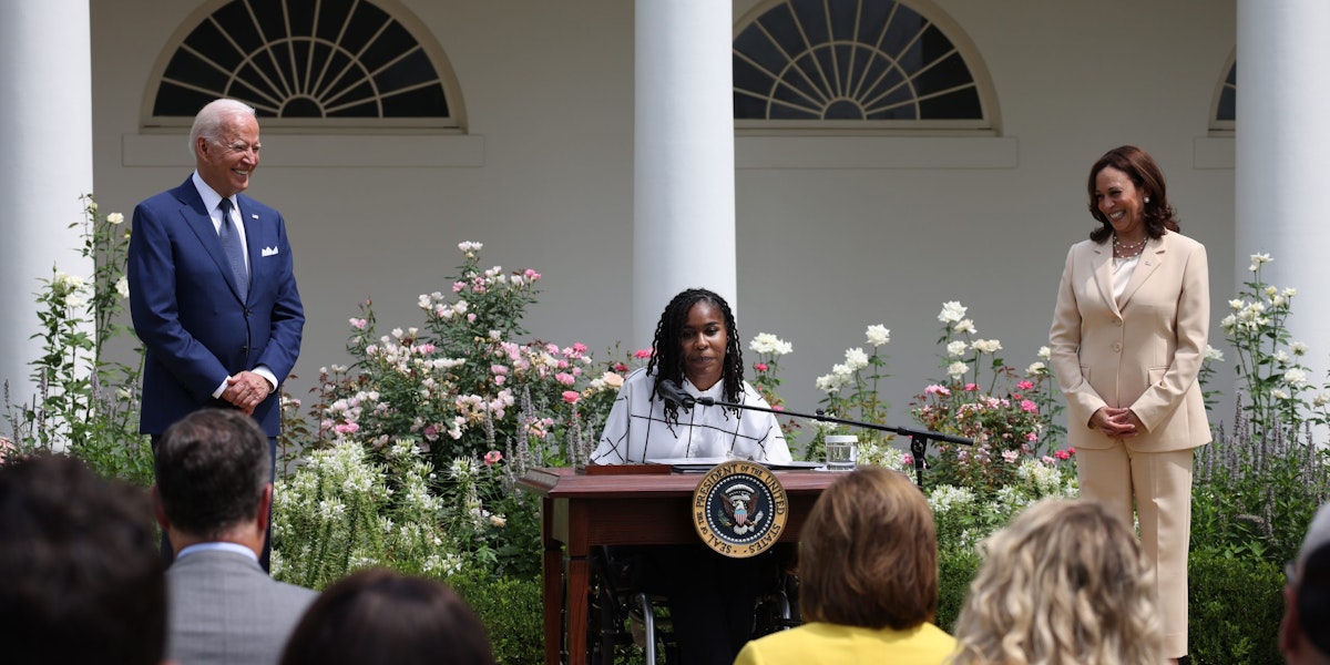 WASHINGTON, DC - JULY 26: Artist Tyree Brown speaks in the Rose Garden of the White House as U.S. Vice President Kamala Harris and U.S. President Joe Biden look on, on July 26, 2021 in Washington, DC. The event was to mark the 31st anniversary of the Americans with Disabilities Act (ADA) being signed into law. (Photo by Anna Moneymaker/Getty Images)