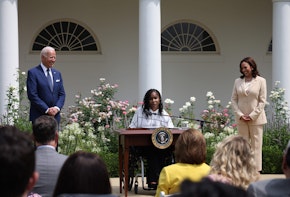 WASHINGTON, DC - JULY 26: Artist Tyree Brown speaks in the Rose Garden of the White House as U.S. Vice President Kamala Harris and U.S. President Joe Biden look on, on July 26, 2021 in Washington, DC. The event was to mark the 31st anniversary of the Americans with Disabilities Act (ADA) being signed into law. (Photo by Anna Moneymaker/Getty Images)
