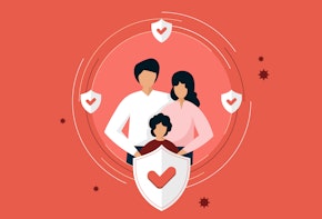A vector image of two parents and a child behind shield symbols, representing medical insurance.