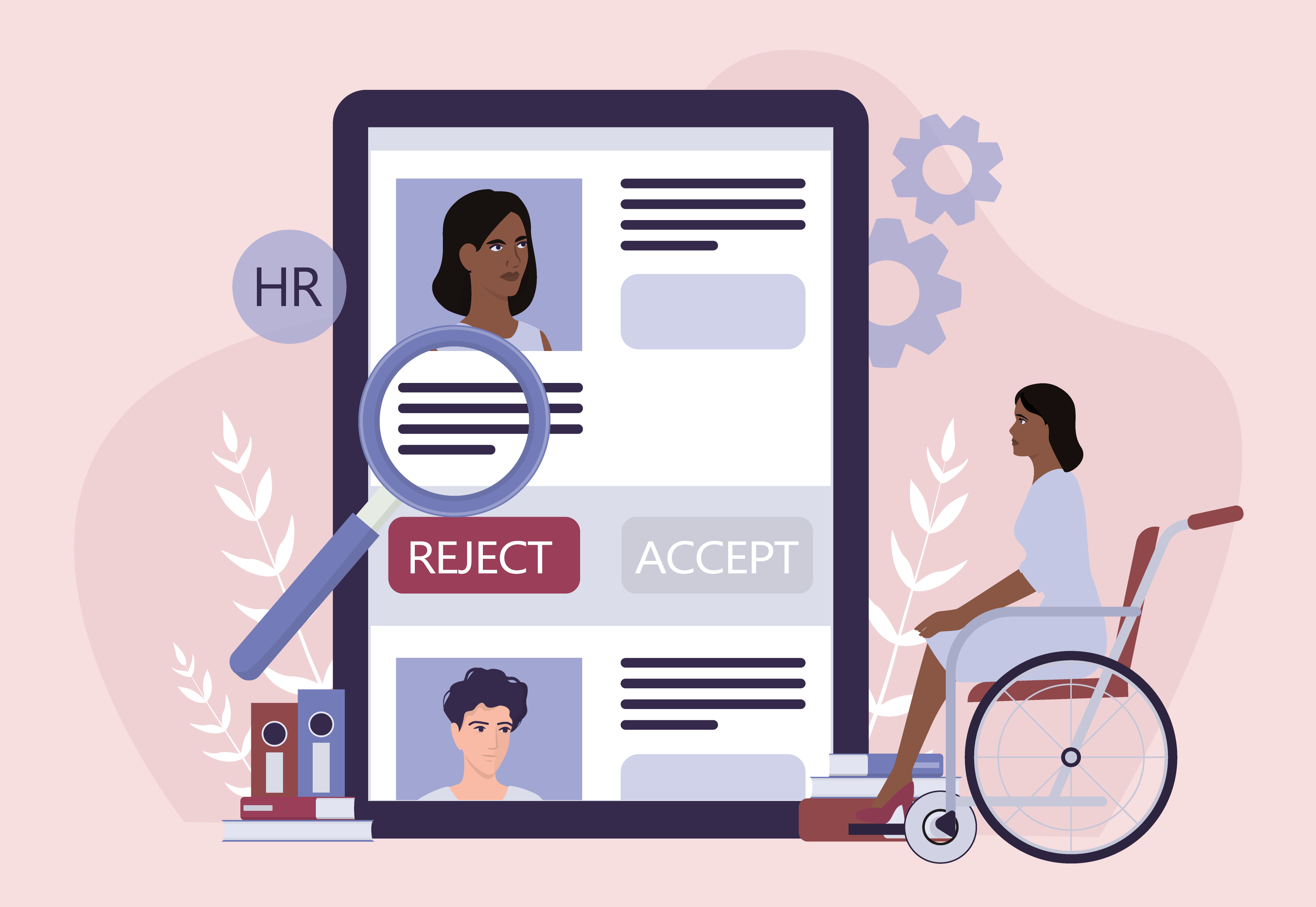 A Black, disabled woman frowns at her job application being rejected.