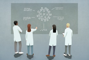 Four scientists discussing COVID-19 in front of a coronavirus diagram.