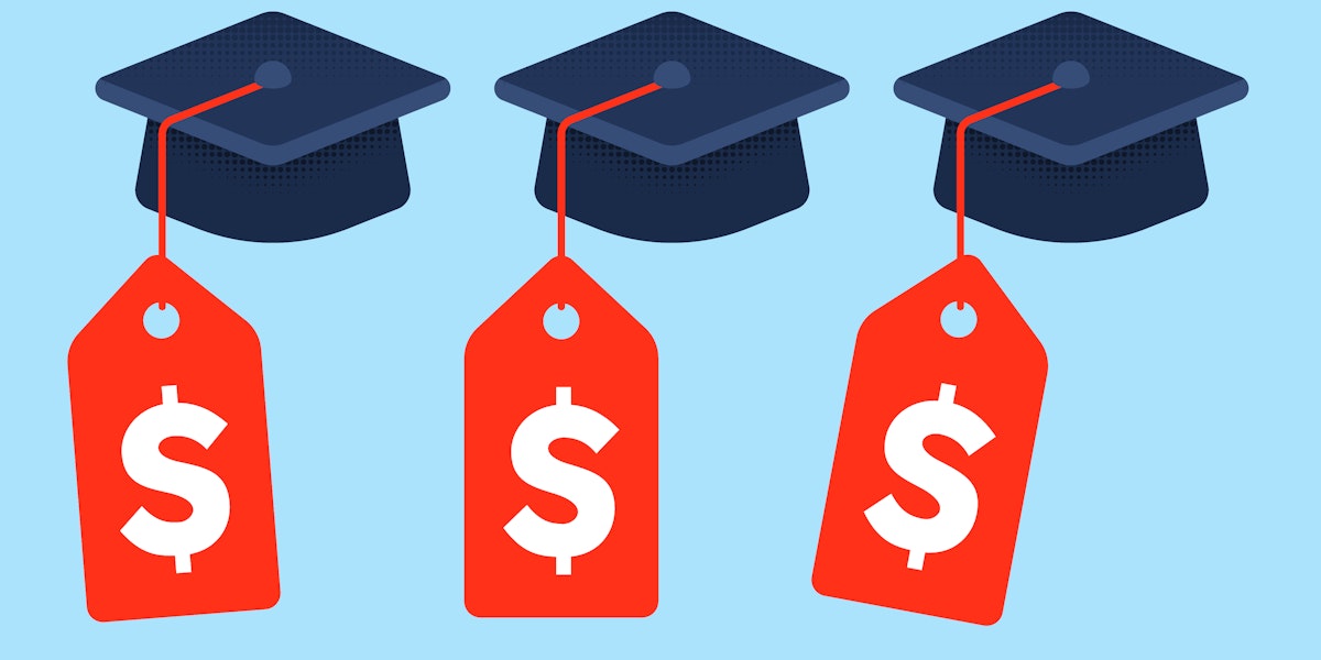 Three graduation caps, each attached to a red price tag, float against a blue background.