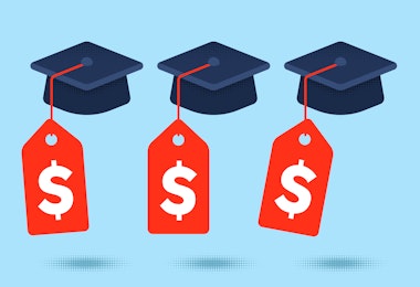 Three graduation caps, each attached to a red price tag, float against a blue background.