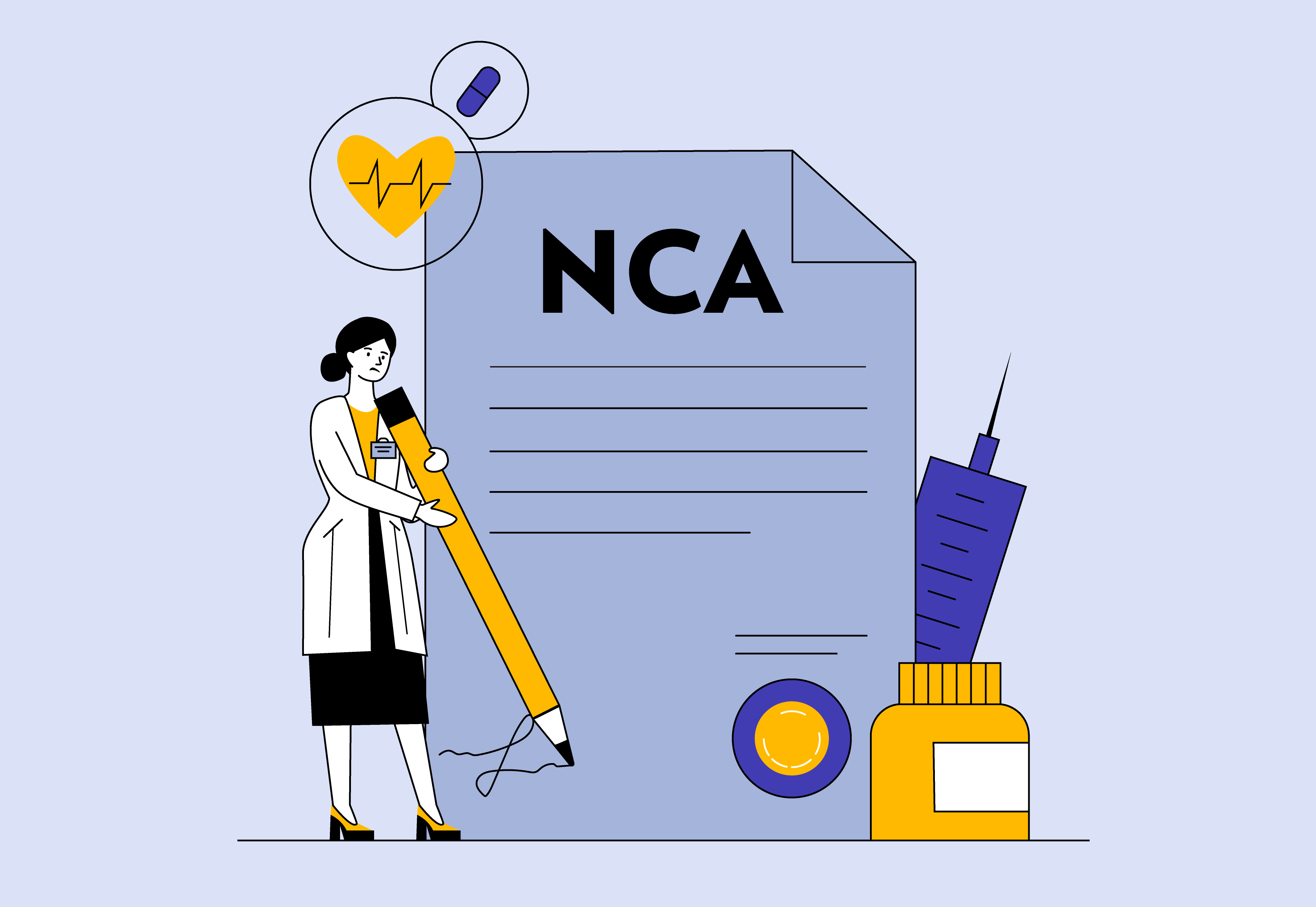 A vector graphic showing a health professional unhappily signing an noncompete agreement.
