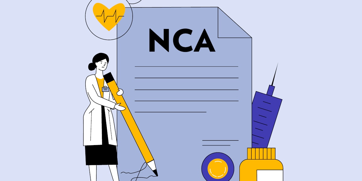A vector graphic showing a health professional unhappily signing an noncompete agreement.